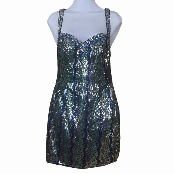 Xtreme Couture Green & Blue Wavy Sequin Mini Dress Embellished Straps 6 NWT - Picture 1 of 10